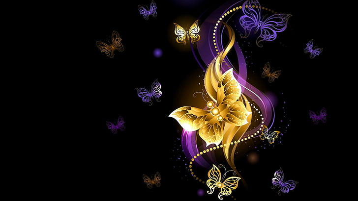 butterfly, digital art, dark, purple, violet, darkness, glittering, HD wallpaper