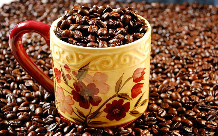 Cup of coffee beans, beige ceramic floral mug, photography, 1920x1200, HD wallpaper