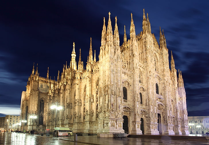 gray cathedral, lights, Italy, night, Italia, Milan, Milano, church, HD wallpaper