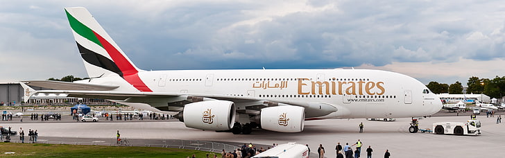 United Arab Emirates plane, A380, aircraft, airplane, dual monitors, HD wallpaper