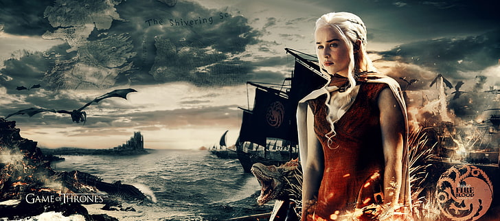 Daenerys Targaryen, Game of Thrones, war, boat, map, sea, TV