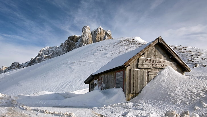 beige shed, nature, snow, cabin, cold temperature, winter, mountain