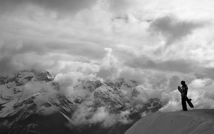 mountains, clouds, snow, snowboarding, monochrome, nature, HD wallpaper