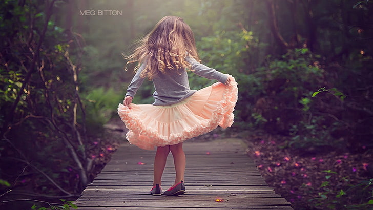 girl lifting her orange dress on wooden dock, little girl, children, HD wallpaper