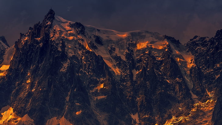 snow-covered mountain wallpaper, mountains, lights, ice, clouds
