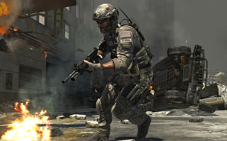 Call Of Duty 3, man holding black assault rifle illustration