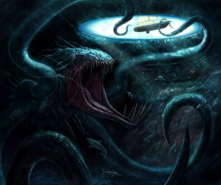 black monster digital wallpaper, boat, shark, tentacles, under water, HD wallpaper