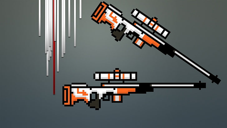 two orange-and-white rifle with scopes, snipers, 8-bit, Counter-Strike: Global Offensive
