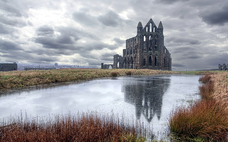grey concrete building, ruin, reflection, clouds, Whitby Abbey
