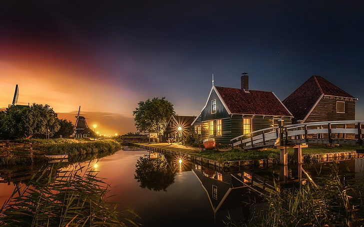 brown and white wooden house, villages, sunset, HDR, lights, reflection