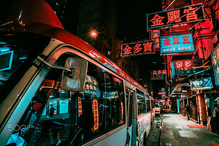 Daria Klepikova, city, Hong Kong, night, bus stations, neon lights, HD wallpaper