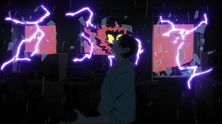 Jujutsu Kaisen, Fushiguro Toji, owl, lightning, birds, glowing eyes