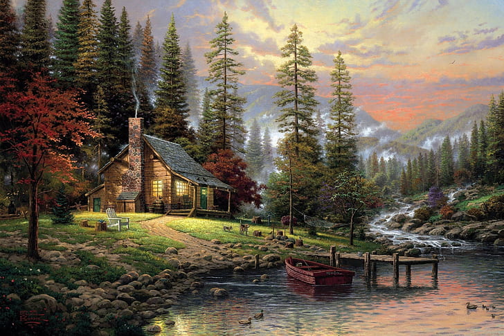 paintings landscapes nature trees forest houses artwork cabin thomas kinkade rivers 2990x1990 wal Architecture Houses HD Art