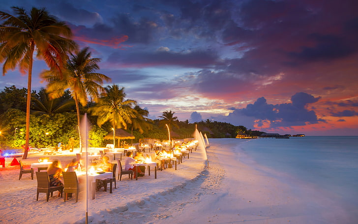 Conrad Maldives Rangali Island Indian Ocean Romantic Evenings Beach Restaurant Tropical Ambient Wallpaper Hd 3840×2400, HD wallpaper