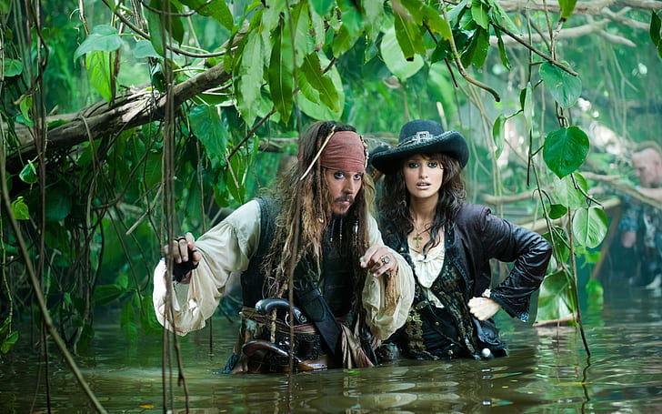 Jack Sparrow and Angelica, jack sparrow and elizabeth swann of pirates of the carribean, HD wallpaper