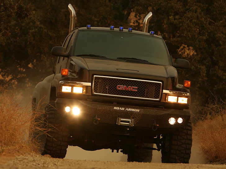 black GMC road armor, dust, transformer, the bushes, pickup, huge