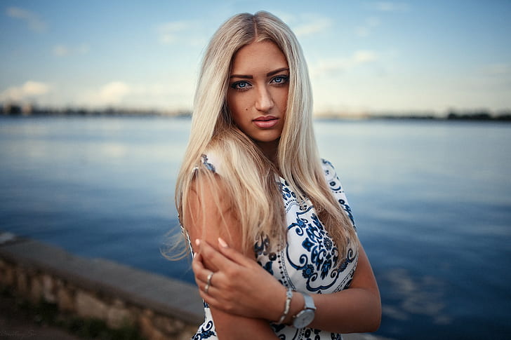 women, blonde, face, portrait, depth of field, Dmitry Shulgin, HD wallpaper
