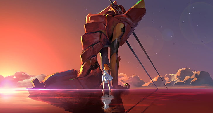 woman standing near robot, Neon Genesis Evangelion, Asuka Langley Soryu, HD wallpaper
