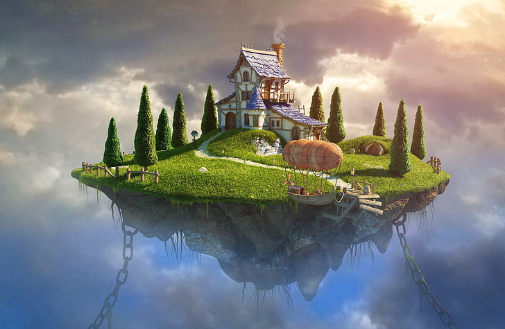 house, clouds, chains, trees, digital art, Zeppelin, floating island