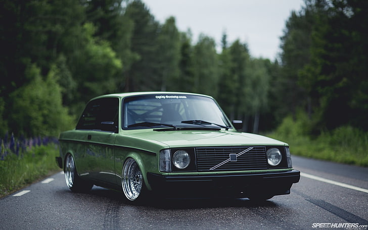green Volvo coupe, car, road, trees, Stance, Volvo 240, BBS, motor vehicle, HD wallpaper