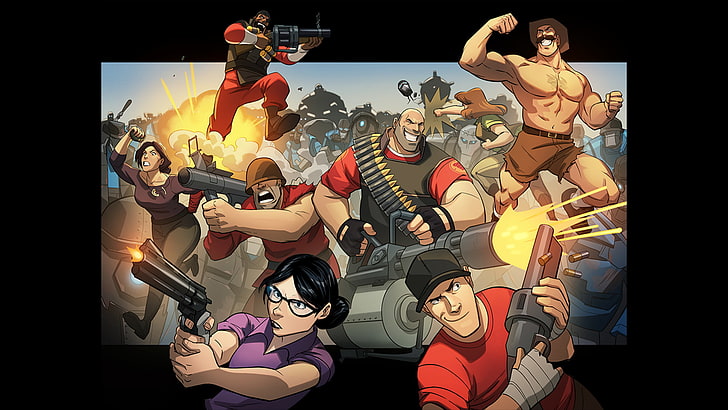 Team Fortress 2, Heavy (TF2), Scout (TF2), Demoman (TF2), group of people, HD wallpaper
