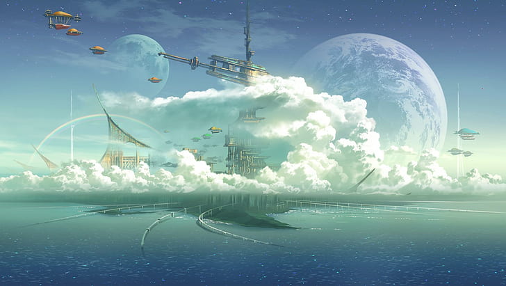 fantasy art, planet, anime, clouds, futuristic city, sky