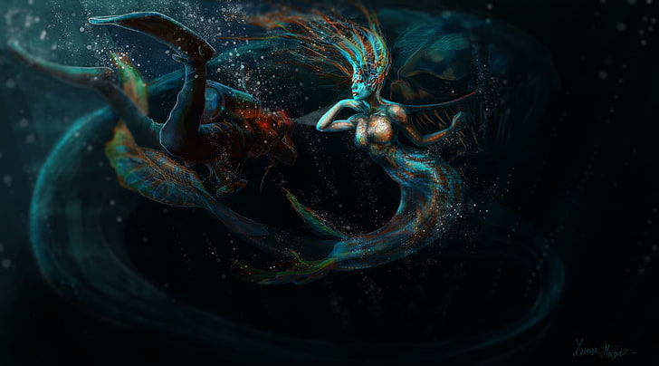 diver and mermaid wallpaper, fiction, people, scales, art, fins, HD wallpaper