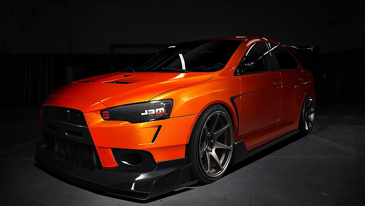orange muscle car, Mitsubishi Lancer, tuning, Mitsubishi Lancer Evo X, HD wallpaper