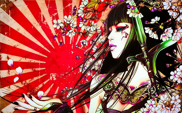 woman in black top painting, Fantasy, Geisha, Artistic, Asian, HD wallpaper