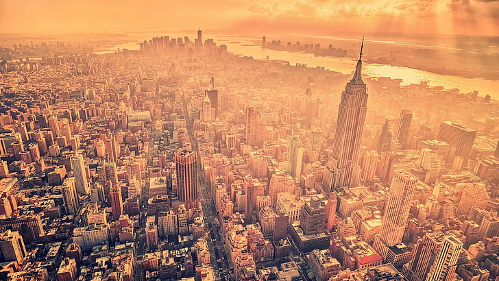aerial photography of city buildings, photo manipulation, New York City, HD wallpaper