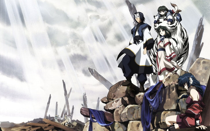 four persons standing on ruins, anime, Utawarerumono, human representation