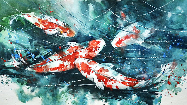 koi painting watercolor fish artwork paint splatter, swimming, HD wallpaper