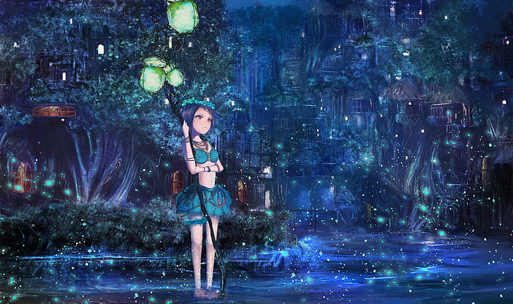original characters, blue hair, water, staff, tiaras, one person