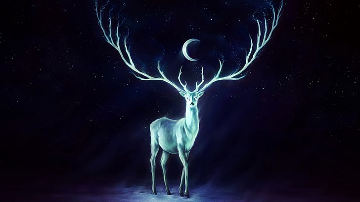 green reindeer wallpaper, artwork, crescent moon, painting, antlers, HD wallpaper
