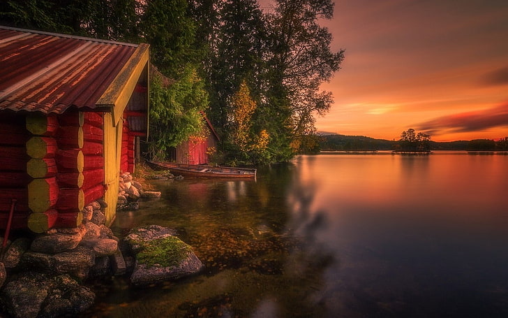 nature, landscape, boathouses, lake, trees, Norway, fall, sunset, HD wallpaper