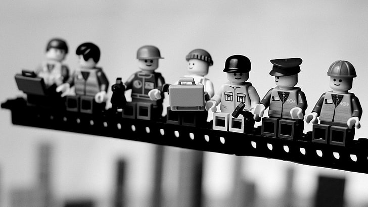assorted Lego minifig, toys, monochrome, in a row, indoors, arts culture and entertainment