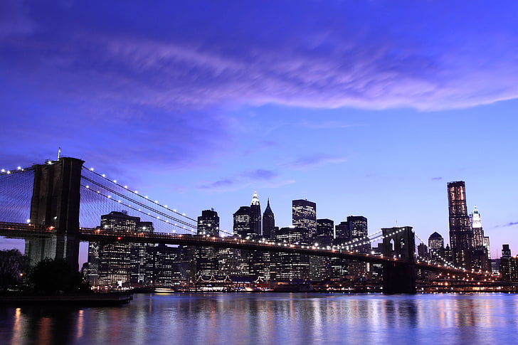 Brooklyn Bridge, evening, lights, sky, clouds, new York City, HD wallpaper
