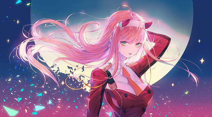 zero two, darling in the franxx, pink hair, moon, particles