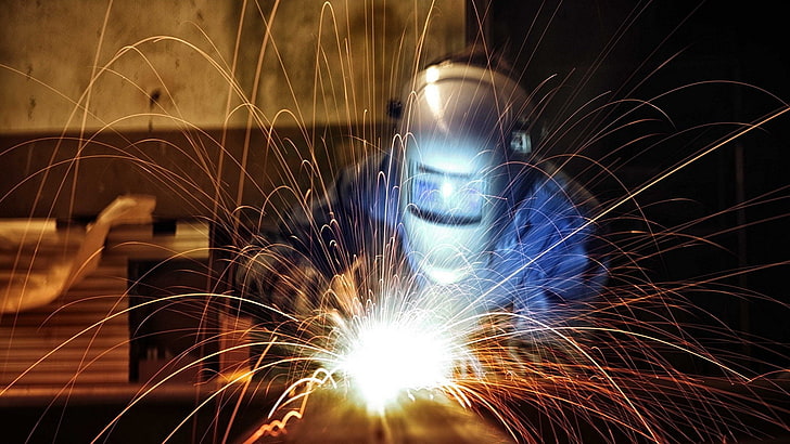 men, workers, welding, sparks, long exposure, industrial, helmet, HD wallpaper