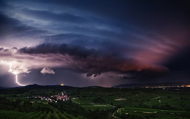landscape, nature, lightning, storm, Supercell, hills, field, HD wallpaper