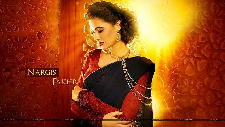 Nargis Fakhri In Black Saree, women's black and red long sleeve sari, HD wallpaper
