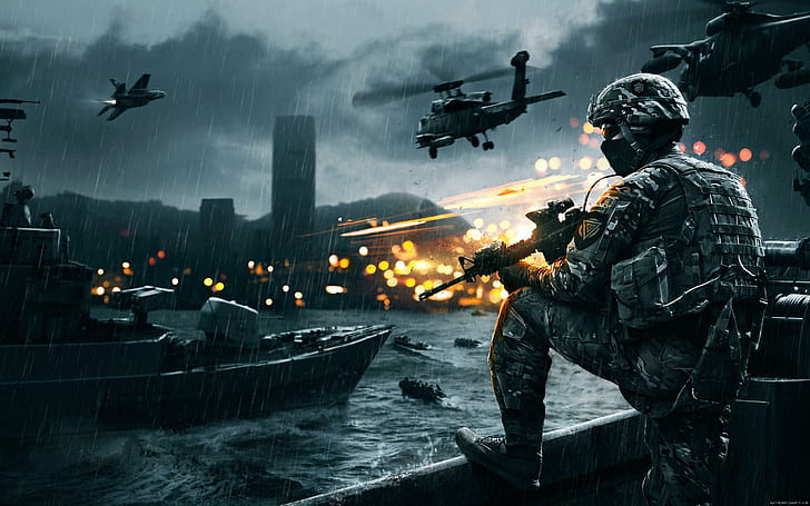 Soldier in Battlefield 4, soldier holding rifle game, war, fire
