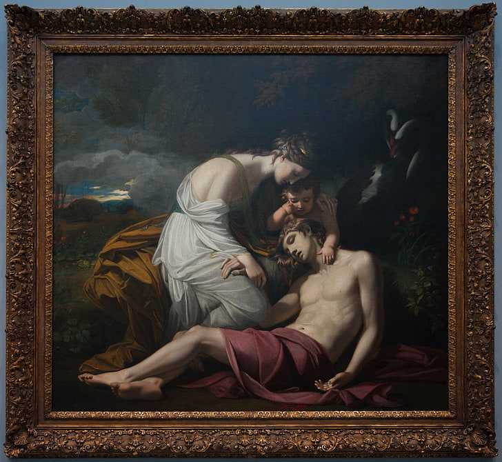 man laying on woman's lap painting with brown frame, Greek mythology