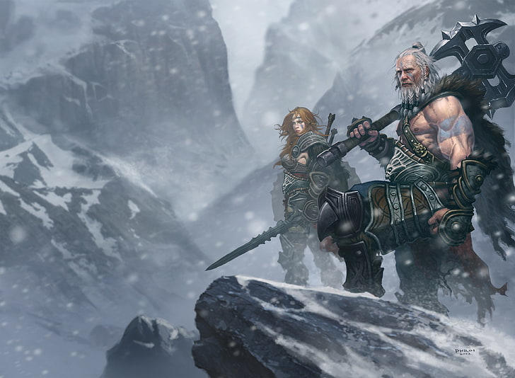 man holding battle axe digital wallpaper, snow, mountains, sword, HD wallpaper