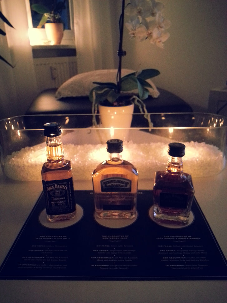 three whiskey bottles, Jack Daniel's, alcohol, whisky, illuminated, HD wallpaper
