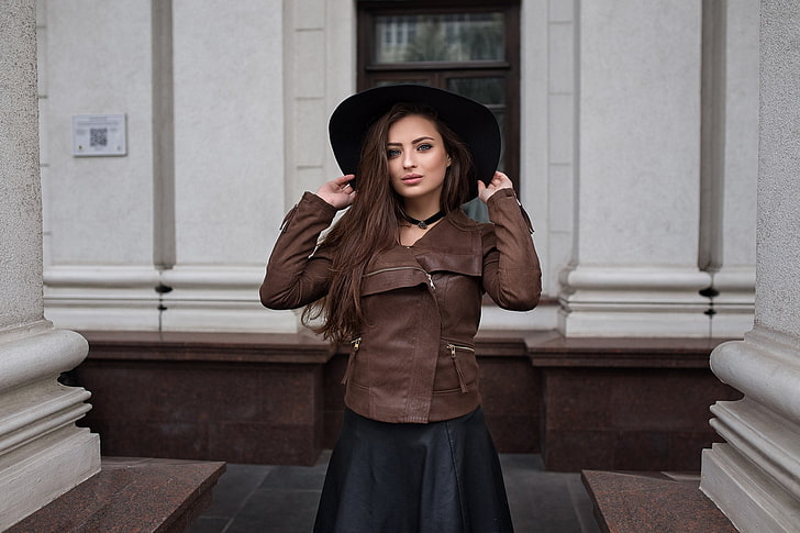 women, hat, model, brunette, leather jackets, brown jacket, HD wallpaper