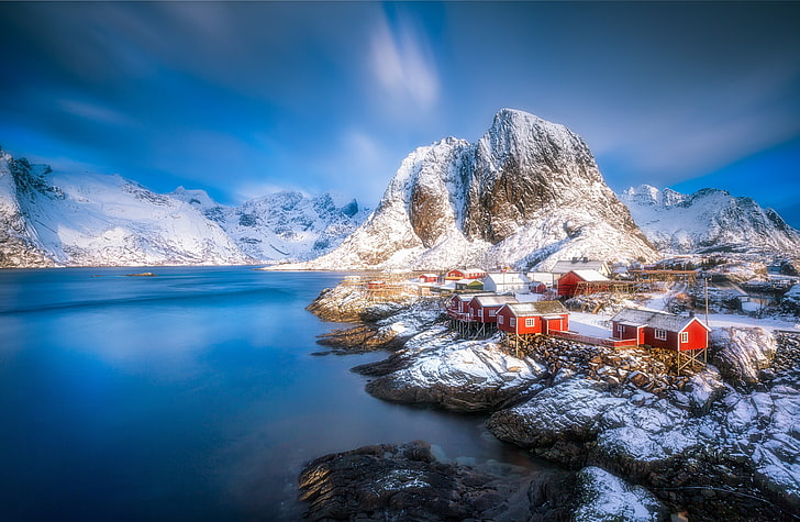 body of water, winter, mountains, village, Norway, houses, the fjord