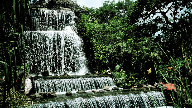 Water Cascades, four tier waterfalls, trees, philippines, jungle, HD wallpaper