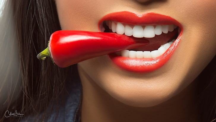 women, mouths, teeth, lips, chilli peppers, red lipstick, young adult