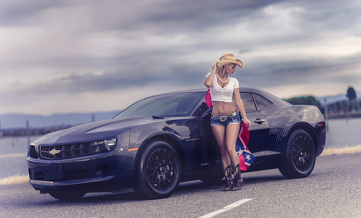 black Chevrolet Camaro coupe, road, girl, shorts, flag, car, women